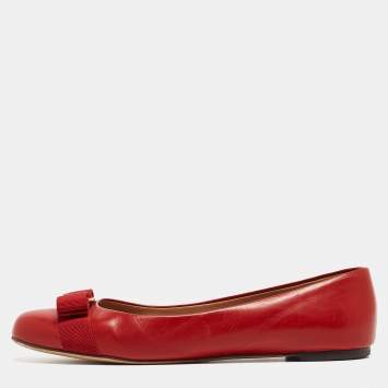 Pre Owned Salvatore Ferragamo Red Leather Varina Bow Ballet Flats Size 40 