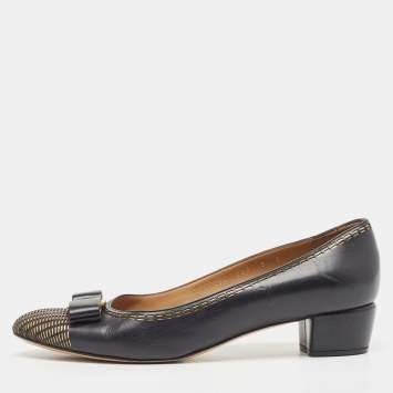 Pre Owned Salvatore Ferragamo Black Leather Vara Stitch Block Heel Pumps Size 39.5
