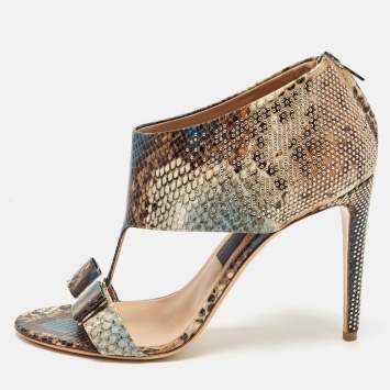 Pre Owned Salvatore Ferragamo Multicolor Python Embossed Leather Bow T Strap Sandals Size 40.5