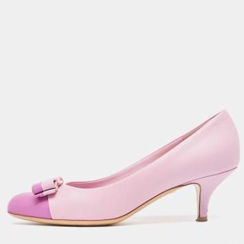 Pre Owned Salvatore Ferragamo Pink Leather Vara Bow Pumps Size 37.5