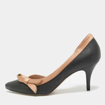 Pre Owned Salvatore Ferragamo Black/Peach Satin and Leather Bow D'Orsay Pumps Size 40