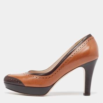 Pre Owned Salvatore Ferragamo Brown/Black Brogue Leather Platform Pumps Size 37.5