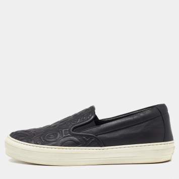 Pre Owned Salvatore Ferragamo Black Leather Logo Embossed Slip On Sneakers Size 39