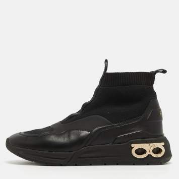 Pre Owned Salvatore Ferragamo Black Leather and Knit Fabric Cosma Sock Sneakers Size 39.5