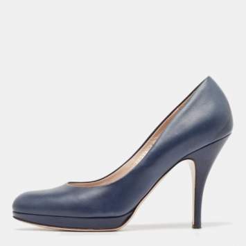 Pre Owned Salvatore Ferragamo Navy Blue Leather Platform Pumps Size 40.5