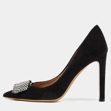 Pre Owned Salvatore Ferragamo Black Suede and Watersnake Leather Ponted Toe Pumps Size 39.5