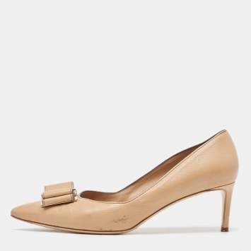 Pre Owned Salvatore Ferragamo Beige Leather Double Bow Pumps Size 39.5