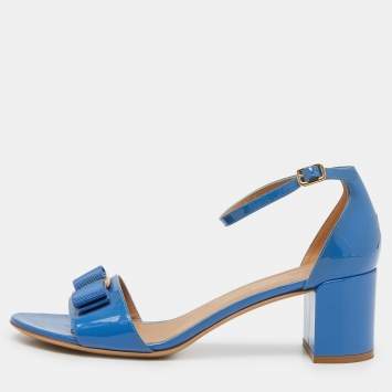Pre Owned Salvatore Ferragamo Blue Patent Leather Block Heel Ankle Sandals Size 40