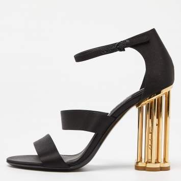 Pre Owned Salvatore Ferragamo Black Satin Ankle Strap Block Heel Sandals Size 39