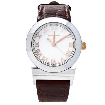Pre Owned Salvatore Ferragamo Silver Stainless Steel Leather Grande Maison F72 Women's Wristwatch 30 mm
