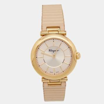 Pre Owned Salvatore Ferragamo Beige Gold Plated Stainless Steel Leather FIN020015 Women's Wristwatch 36 mm