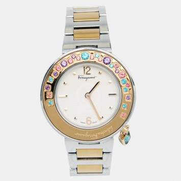 Pre Owned Salvatore Ferragamo Cream Two Tone Stainless Steel Gancino FF5 Women's Wristwatch 36 mm