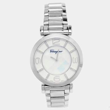 Pre Owned Salvatore Ferragamo Mother of Pearl Diamond Stainless Steel Gancino Deco FG3050014 Women's Wristwatch 39 mm