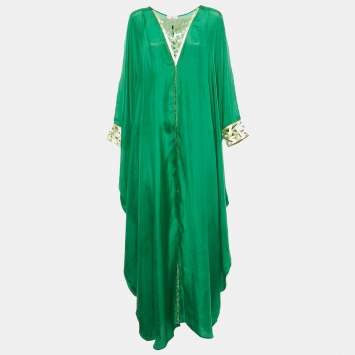 Pre Owned Sana Osmani Green Silk Laser Cut Detail Paros Maxi Kaftan One Size