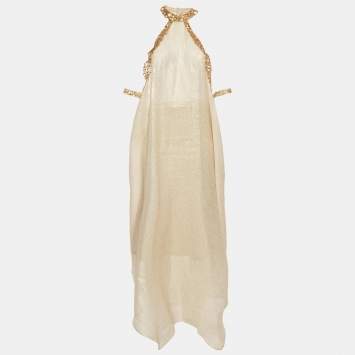 Pre Owned Sana Osmani Gold Sequin Embellished Lurex Loose Fit Midi Dress L