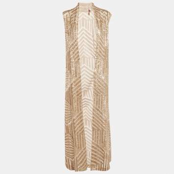 Pre Owned Sana Osmani Gold  Sequin Embellished Mesh Open Front Jacket S