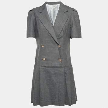 Pre Owned Sandro Grey Gabardine Mini Pleated Blazer Dress L