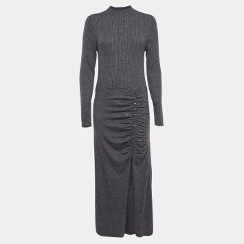 Pre Owned Sandro Grey Rib Knit Buttoned Ruche Detail Midi Dress XL