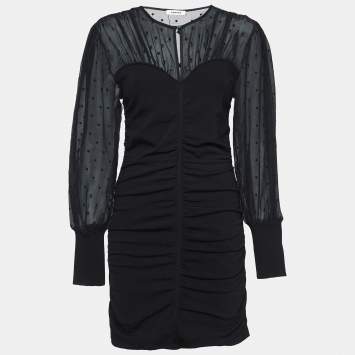 Pre Owned Sandro Black Organza and Rib Knit Ruched Bustier Effect Mini Dress M