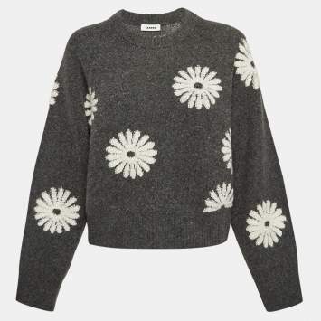 Pre Owned Sandro Grey Floral Intarsia Knit Sweater L
