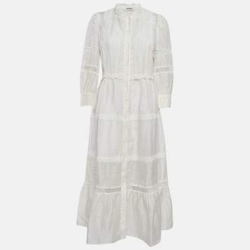 Pre Owned Sandro Ivory White Lace Trim Linen Button Front Midi Dress L