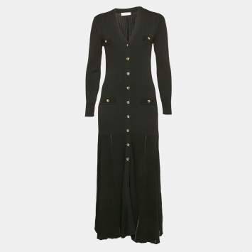 Pre Owned Sandro Black Rib Knit Button Front Full Sleeve Midi Dress L
