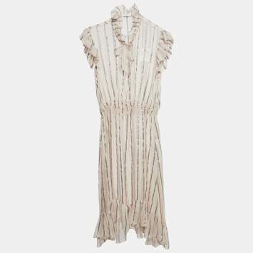 Pre Owned Sandro Pink Stripe Silk Ruffled Midi Dress L