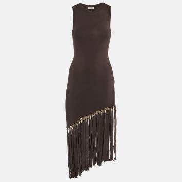 Pre Owned Sandro Brown Knit Fringed Beaded Hem Bodycon Dress S