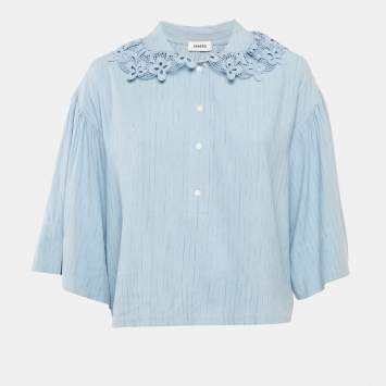 Pre Owned Sandro Blue Striped Linen Blend Lace Collar Tim Top L