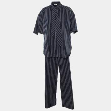 Sandro Midnight Blue Stripe Cotton Rhinestone Embellished Shirt and Pants Set XL