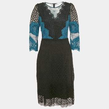 Pre Owned Sandro Teal/Black Lace Midi Dress L