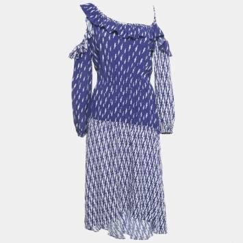 Pre Owned Sandro Blue Lightning Bolt Print Crepe Cold Shoulder Midi Dress S 