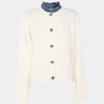 مملوكة مسبقًا Sandro Cream/Blue Knit Wool Button Front Sweater M
