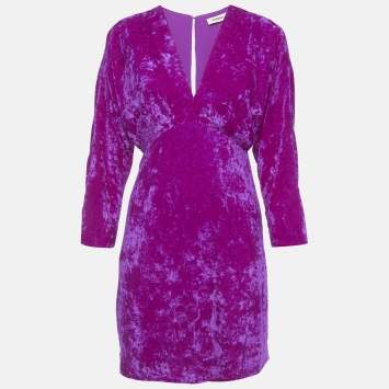 Pre Owned فستان ساندرو فوشيا من المخمل بياقة على شكل V قصير حجم صغير