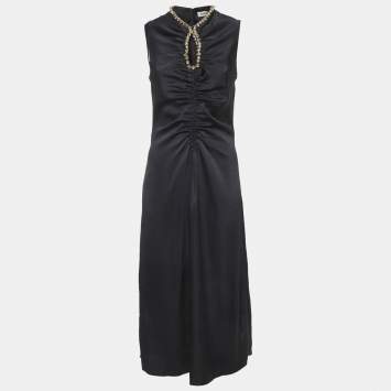 Pre Owned Sandro Navy Blue Satin Rhinestone Midi Dress S