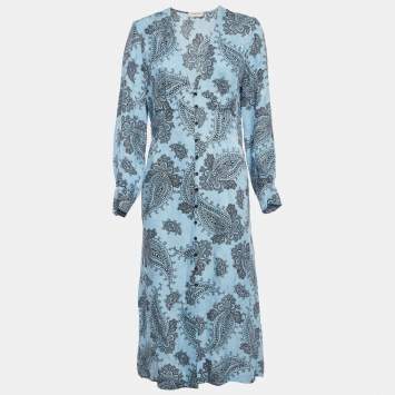 Pre Owned Sandro Blue Printed Silk Blend Button Front Dress M