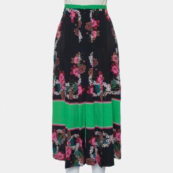 Pre Owned Sandro Black & Green Printed Chiffon Pleated Midi Skirt L