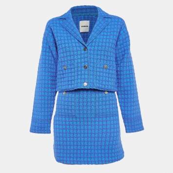 Pre Owned Sandro Blue Checked Tweed Blazer and Skirt Set M/S