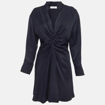 Pre Owned Sandro Navy Blue Linen Blend Twisted Mini Shirt Dress M