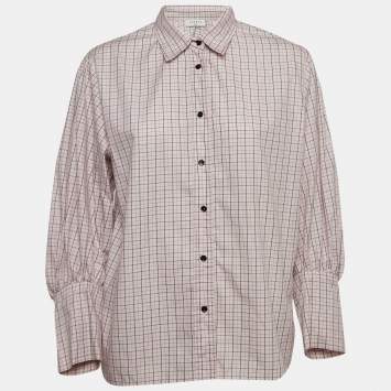Pre Owned Sandro Pink Checkered Cotton Puff Sleeves Shirt L
