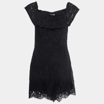 Pre Owned Sandro Black Patterned Lace Off-Shoulder Playsuit L