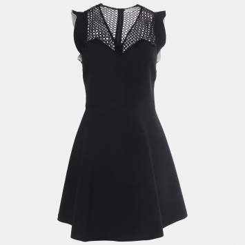Pre Owned Sandro Black Lace Trim Stretch Crepe V-Neck Mini Dress M