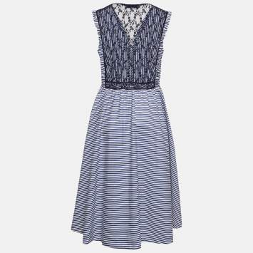 Pre Owned Sandro Blue Stripe Lace Trim Cotton Mid Dress L