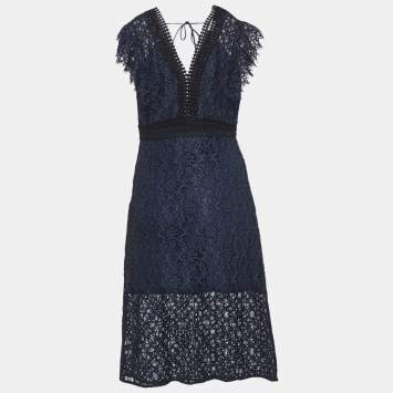 Pre Owned Sandro Navy Blue Emeline Lace Midi Dress S