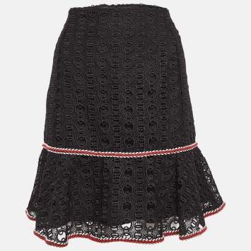 Pre Owned Sandro Black Richard Chain-Link Lace Flounce Skirt L