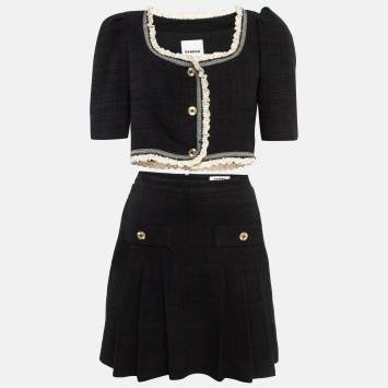 Pre Owned Sandro Black Tweed Crop Jacket and Mini Skirt Set (S/XS)