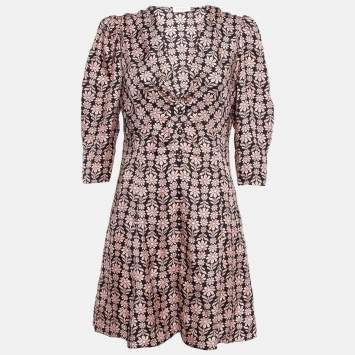 Pre Owned Sandro Pink/Black Floral Patterned Silk Mini Dress L