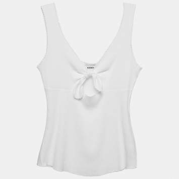 Pre Owned Sandro White Rib Knit Knotted Neck Sleeveless Top S