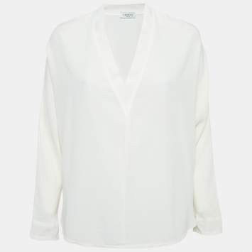 Pre Owned Sandro Off White Silk Rib Trim V-Neck Blouse L