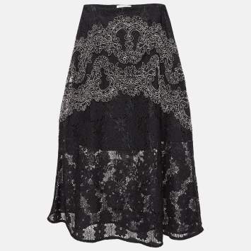 Pre Owned Sandro Black Lace Embroidered Midi Skirt M